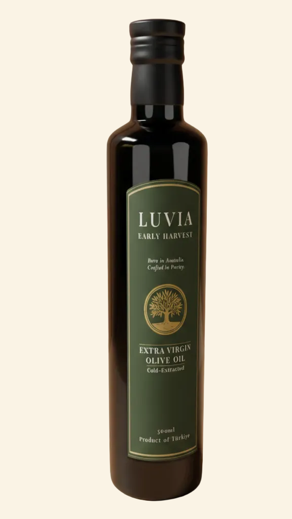 Bottle of Luvia olive oil on a beige background