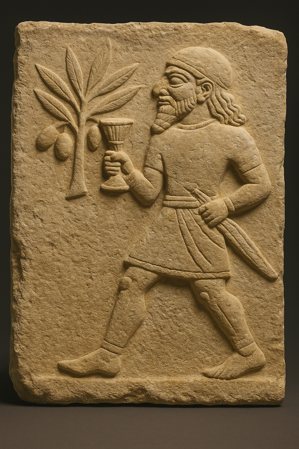 A bas-relief carving on an ancient limestone slab depicting a Luwian figure, symbolizing the Anatolian origins of olive cultivation near the Aegean and Mediterranean coasts.
