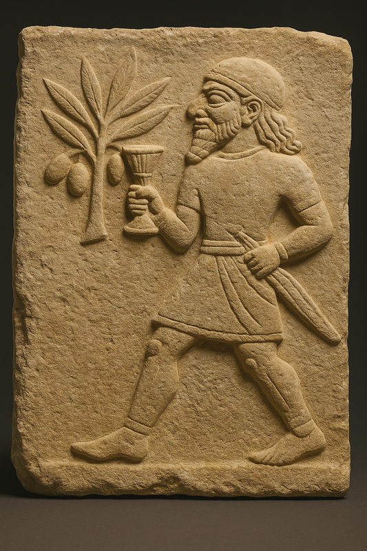 A bas-relief carving on an ancient limestone slab depicting a Luwian figure, symbolizing the Anatolian origins of olive cultivation near the Aegean and Mediterranean coasts.