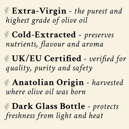 Text describing the qualities of Extra-Virgin olive oil, including grade, extraction method, certification, origin, and packaging.