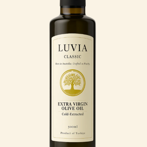 Bottle of Luvia Classic Extra Virgin Olive Oil on a white background